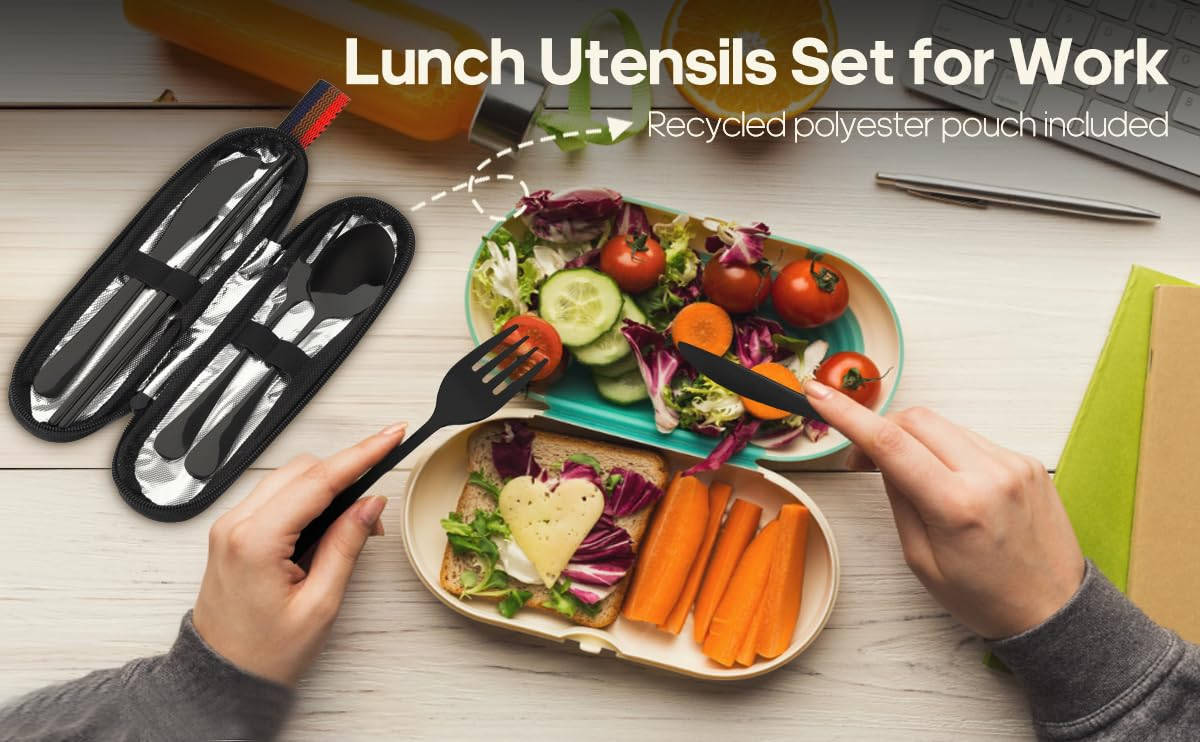 Yingboo Travel Utensils Set with Case - 5-Piece Stainless Steel Portable Cutlery for Work, Camping & Picnic (Black)