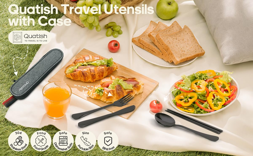 Yingboo Travel Utensils Set with Case - 5-Piece Stainless Steel Portable Cutlery for Work, Camping & Picnic (Black)